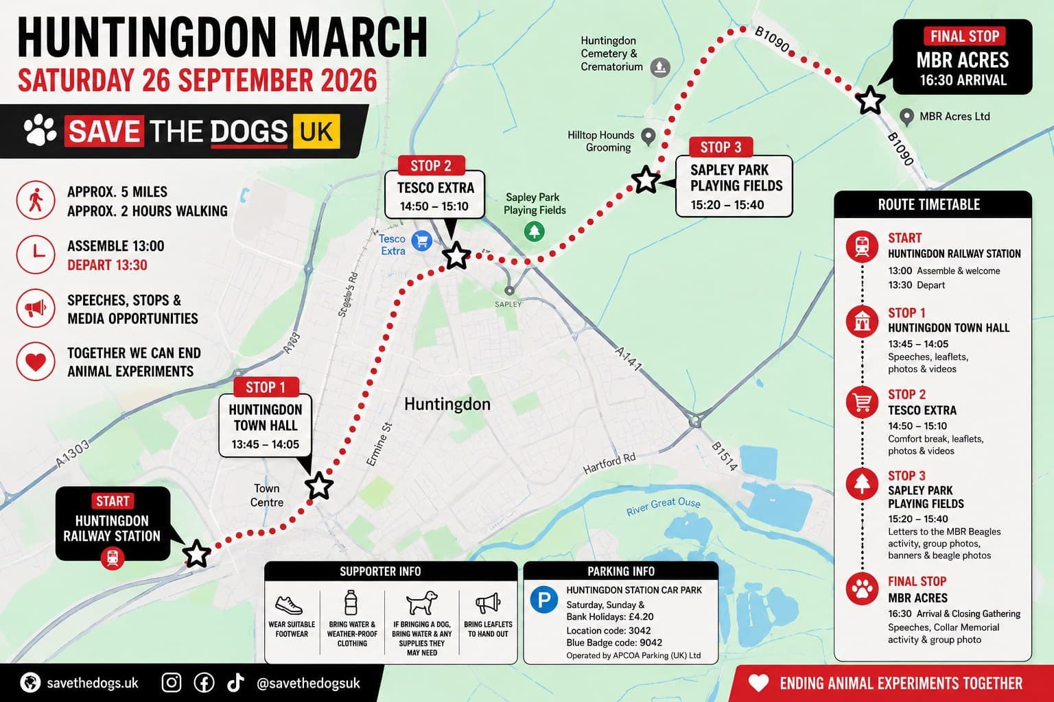 Huntingdon march route map for Saturday 26 September 2026: Huntingdon Railway Station, Huntingdon Town Hall, Tesco Extra, Sapley Park Playing Fields and MBR Acres, with the full route timetable.
