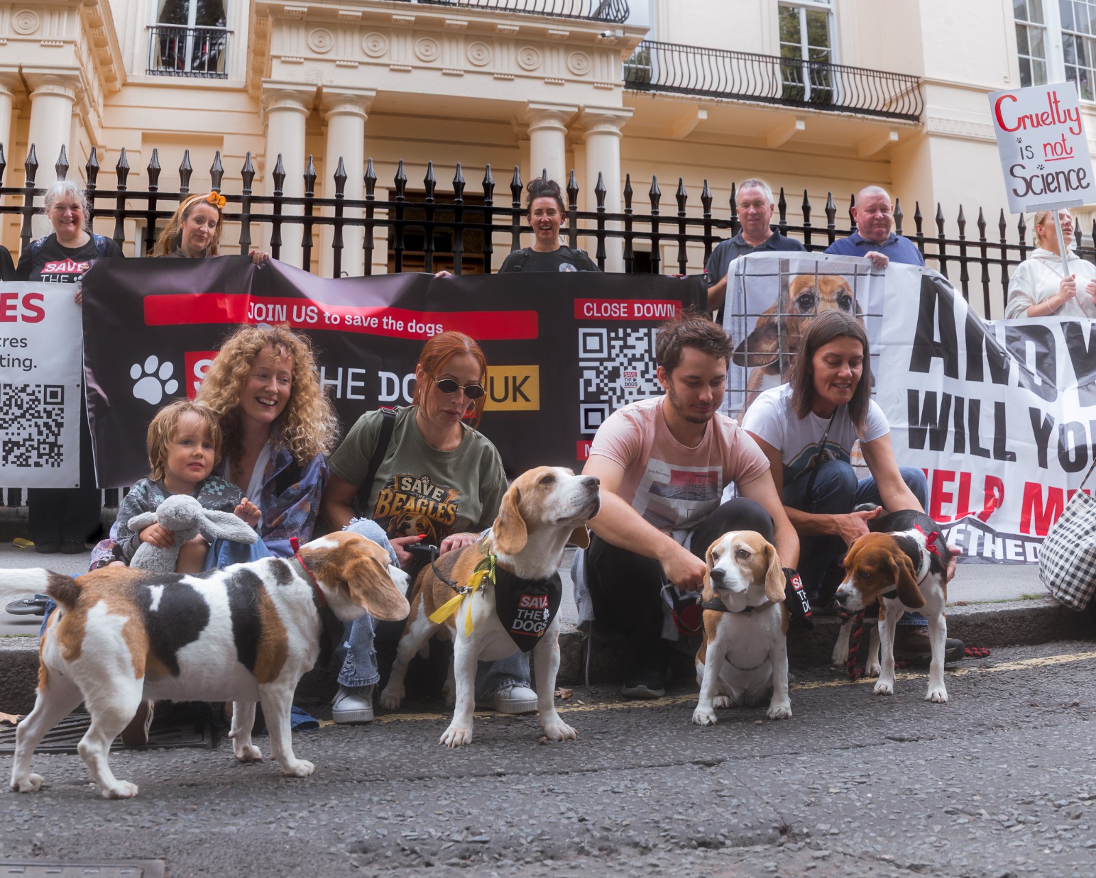 Beagles and campaigners outside the Royal Society, London